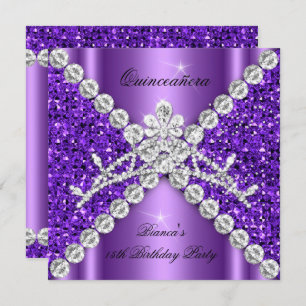 Quinceanera Birthday Purple Glitter Diamonds Tiara Invitation