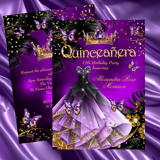 Quinceanera birthday purple Gold Dress Butterfly Invitation (Creator Uploaded)
