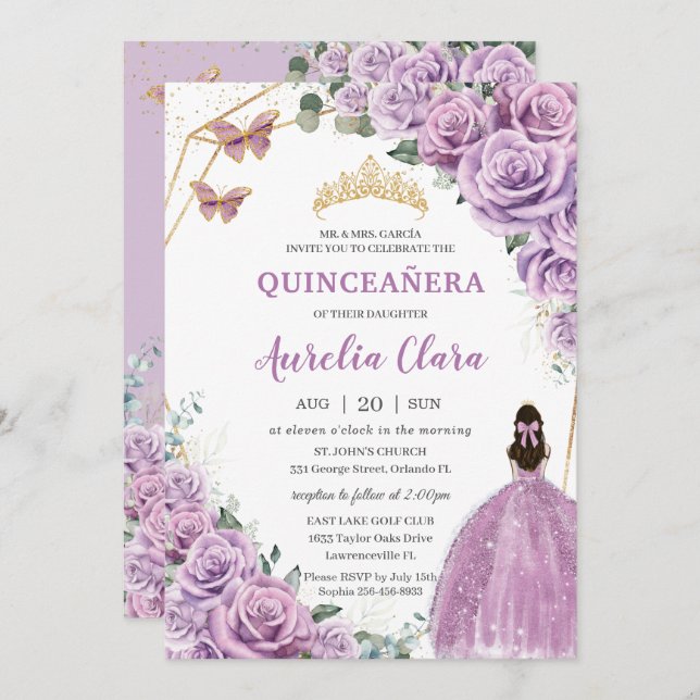 Quinceañera Birthday Purple Lilac Floral Princess Invitation (Front/Back)