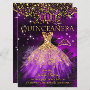 Quinceanera Birthday Purple Magenta Tiara Gold 2 Invitation