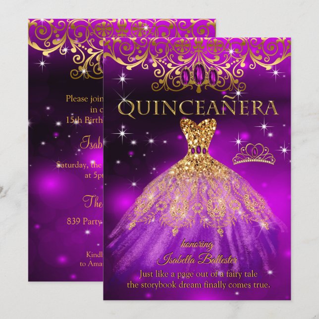Quinceanera Birthday Purple Magenta Tiara Gold Invitation (Front/Back)