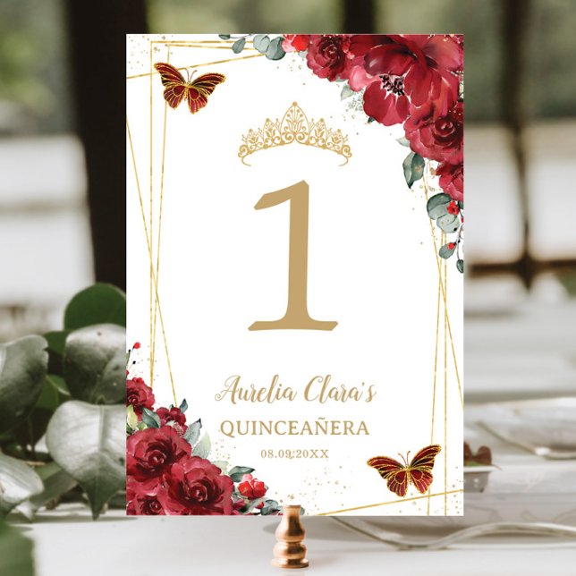 Quinceañera Birthday Red Floral Gold Butterflies Table Number (Creator Uploaded)