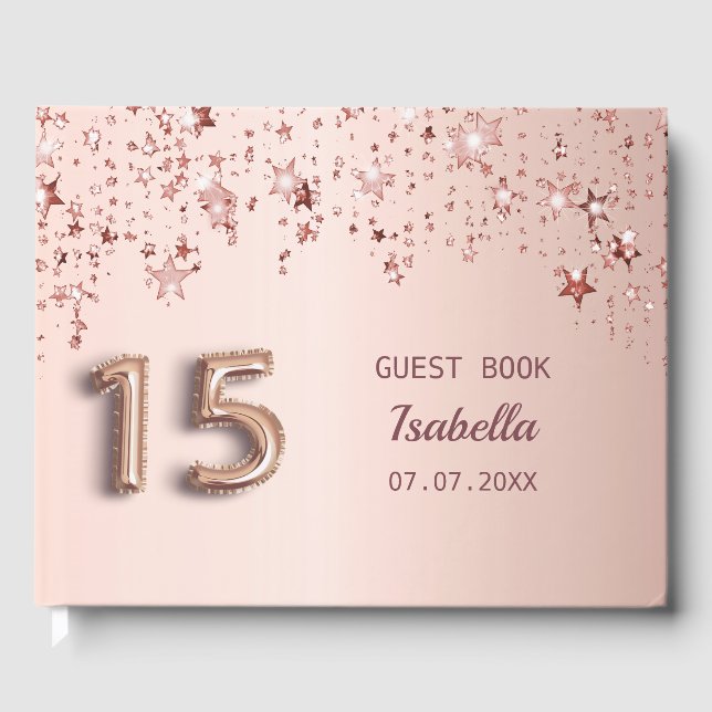 Quinceanera birthday rose gold blush stars guest book (Front)