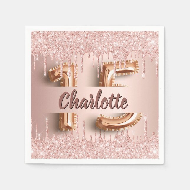 Quinceanera birthday rose gold drips napkin (Front)