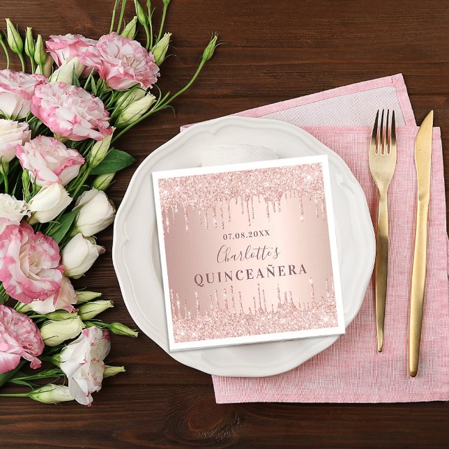 Quinceanera birthday rose gold glitter monogram napkin (Creator Uploaded)