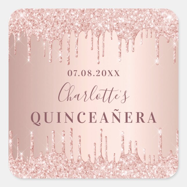 Quinceanera birthday rose gold glitter monogram square sticker (Front)