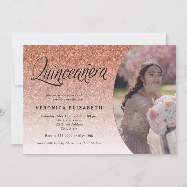 Quinceañera Birthday Rose Gold Glitter Photo Invitation (Front)