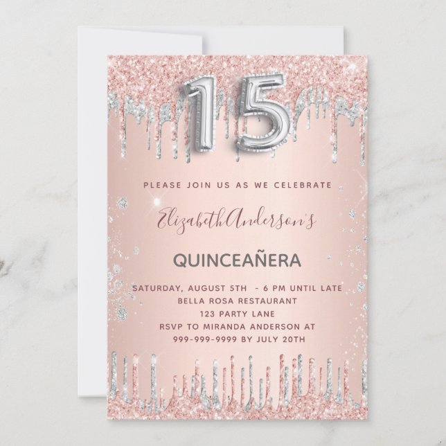 Quinceanera birthday rose gold silver glitter invitation (Front)