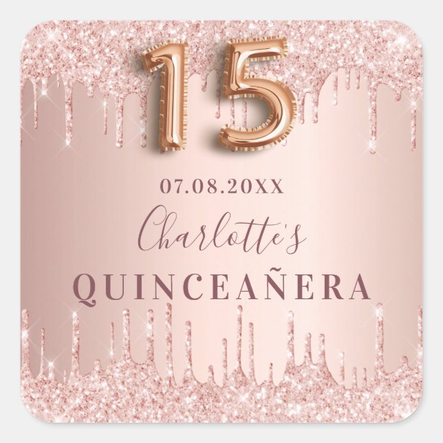 Quinceanera birthday rose gold square sticker (Front)