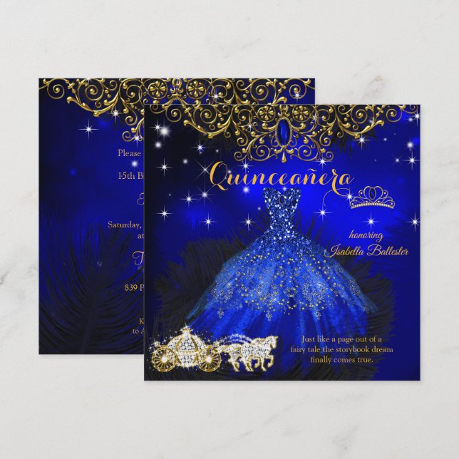 Quinceanera Birthday Royal Blue Fairytale Tiara Invitation (Front/Back)