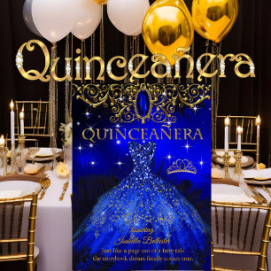 Quinceanera Birthday Royal Blue Feather Tiara Gold Invitation