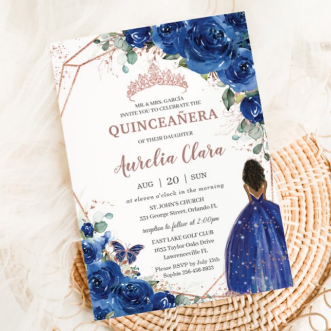 Quinceañera Birthday Royal Blue Floral Brown Girl Invitation (Creator Uploaded)