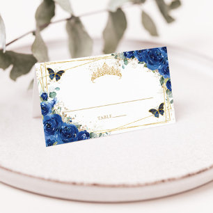 Quinceañera Birthday Royal Blue Floral Butterflies Place Card