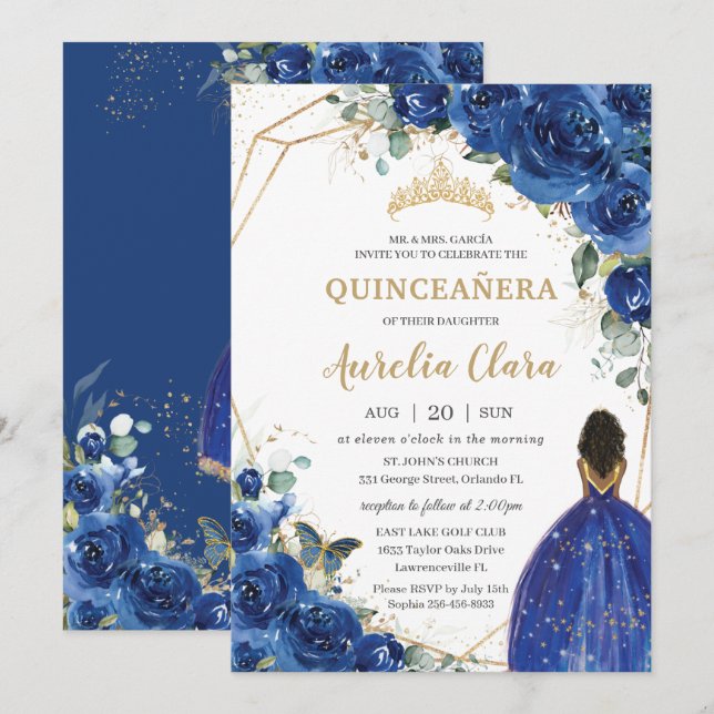 Quinceañera Birthday Royal Blue Floral Princess Invitation (Front/Back)