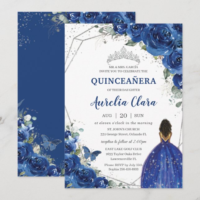 Quinceañera Birthday Royal Blue Floral Princess Invitation (Front/Back)
