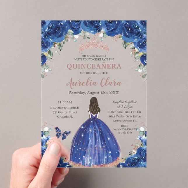 Quinceañera Birthday Royal Blue Floral Princess XV Acrylic Invitations (Insitu (Handheld))