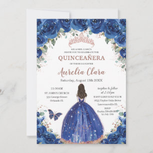 Quinceañera Birthday Royal Blue Floral Princess XV Invitation