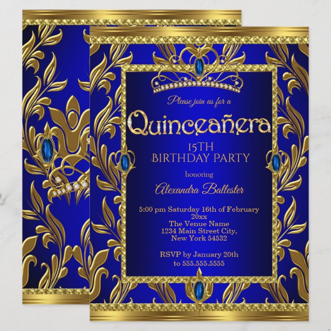 Quinceanera Birthday Royal Blue Jewel Tiara Gold Invitation (Front/Back)