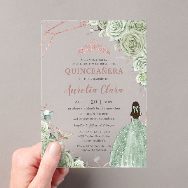 Quinceañera Birthday Sage Green Floral Rose Gold Acrylic Invitations (Insitu (Handheld))