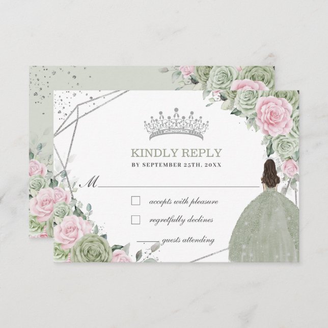 Quinceañera Birthday Sage Green Soft Pink Floral RSVP Card (Front/Back)