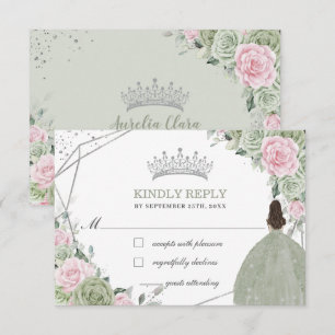 Quinceañera Birthday Sage Green Soft Pink Floral RSVP Card