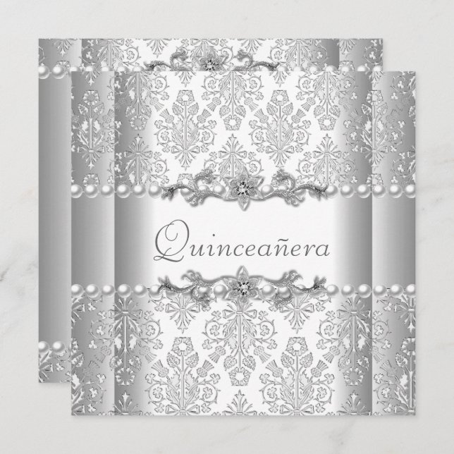 Quinceañera Birthday Silver White Pearl Lace Invitation (Front/Back)