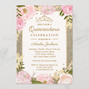 Quinceanera Birthday Sparkle Pink Gold Floral card