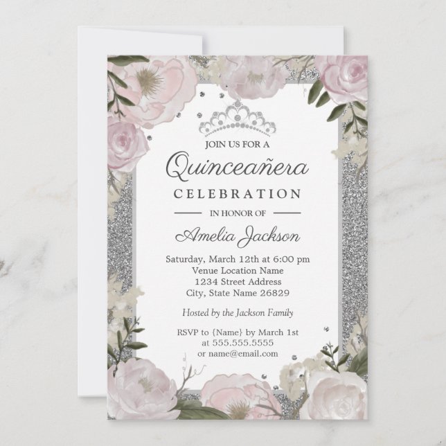 Quinceanera Birthday Sparkle Pink Silver Floral Invitation (Front)