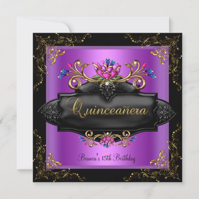 Quinceanera Birthday Spot Purple Lilac Gold Floral Invitation (Front)