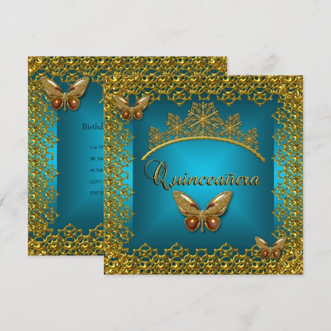 Quinceanera Birthday Teal Gold Tiara Butterfly Invitation (Front/Back)