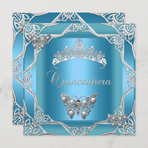 Quinceanera Birthday Teal Silver Tiara Butterfly Invitation