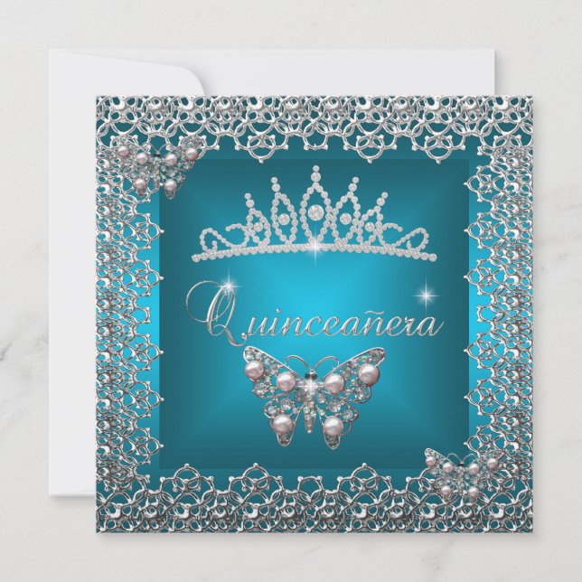 Quinceanera Birthday Teal Silver Tiara Butterfly Invitation (Front)