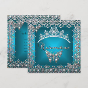 Quinceanera Birthday Teal Silver Tiara Butterfly Invitation