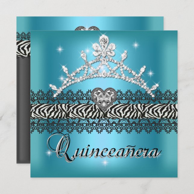 Quinceanera Birthday Zebra Teal Blue Black White Invitation (Front/Back)