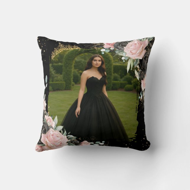 Quinceanera Black and Blush Pink Floral Photo Cushion (Back)