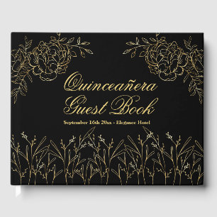 Quinceanera Black and Gold Elegant Sketched Floral Guest Book