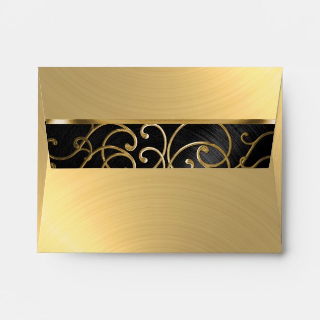 Quinceanera Black and Gold Filigree Swirls Envelopes (Back (Top Flap))