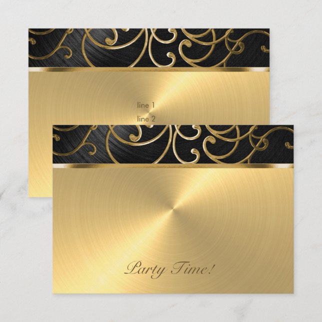 Quinceanera Black and Gold Filigree Swirls Invitation (Front/Back)