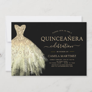 Quinceanera Black and Gold Glitter Sparkle Invitation