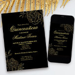 Quinceanera Black and Gold Outline Flowers Floral Invitation<br><div class="desc">Part of our Black and Gold Sketched Flowers Quinceanera Collection, these elegant Quinceanera Invitations can be completely personalised with your custom details. The chic floral design features fine botanical line drawings of flowers and leaves in gold, along with classy script typography. An alternative version of this invitation is also available...</div>