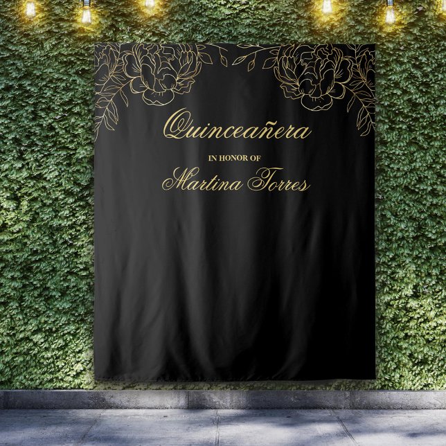 Quinceanera Black and Gold Photo Booth Backdrop Tapestry (Creator Uploaded)