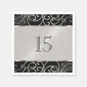 Quinceanera Black and Silver Filigree Swirls Napkin