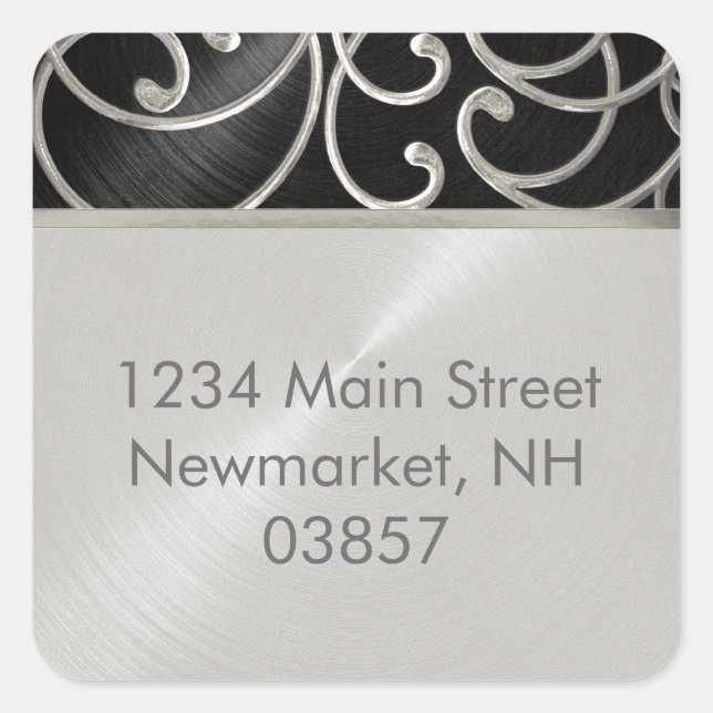 Quinceanera Black and Silver Filigree Swirls Square Sticker (Front)