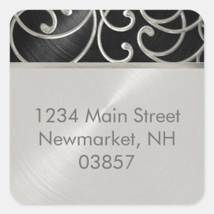 Quinceanera Black and Silver Filigree Swirls Square Sticker
