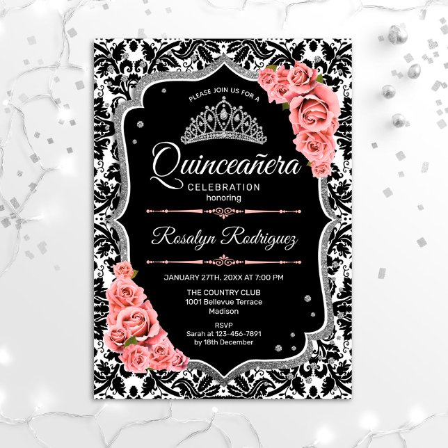 Quinceanera - Black Blush Pink Silver Invitation (Creator Uploaded)