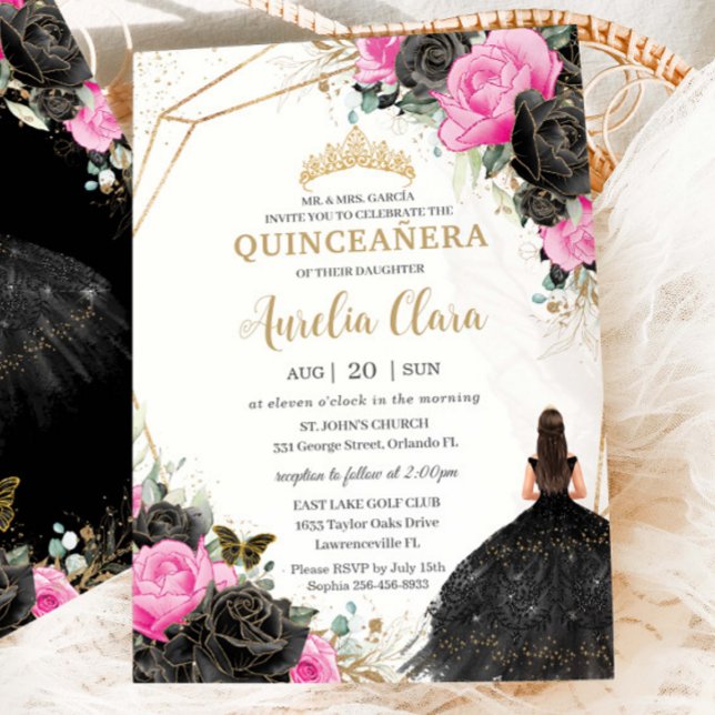 Quinceañera Black Dress Fuchsia Floral Princess Invitation (Creator Uploaded)