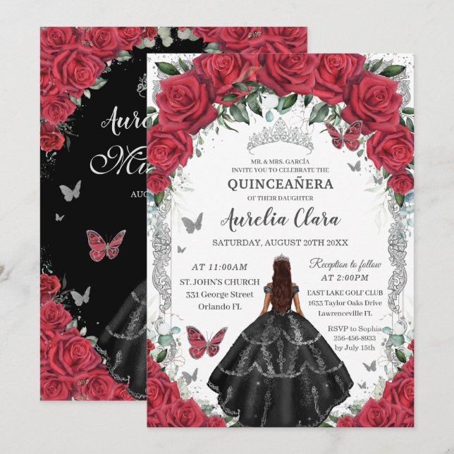 Quinceañera Black Dress Red Roses Floral Silver Invitation (Front/Back)