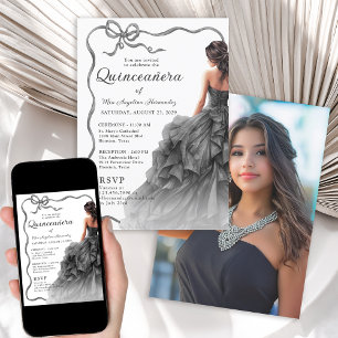 Quinceañera Black Dress Scalloped Ribbon Bow Photo Invitation