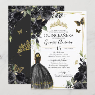 Quinceañera Black Floral Butterfly, Girl in Dress  Invitation