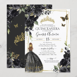 Quinceañera Black Floral Butterfly, Girl in Dress Invitation
